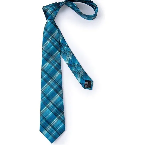 🆕Men Blue Plaid Silk Checkered Necktie Pocket Square Cufflinks Tie Clip Set